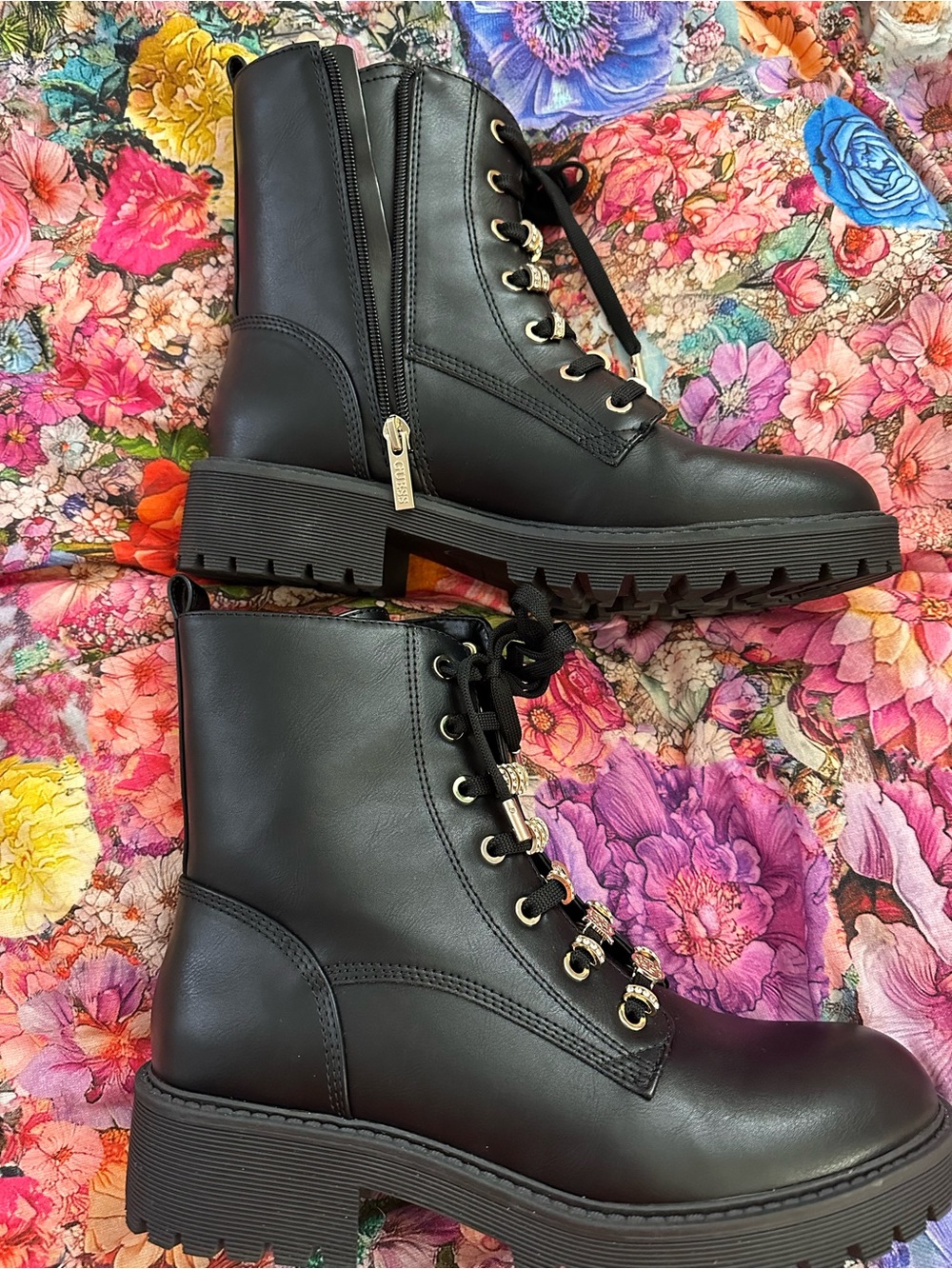 GUESS Black Lace-Up Combat Boots with Gold Eyelets